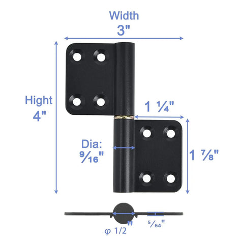 Lift Off 4 Inch Door Hinges Six Pack Black Durable Flag Hinges For Indoor Outdoor Use Detachable And Rust Resistant With 40 Lb Loading Capacity Screws Not Included Mozcorn Today Great Deal showing hinge dimensions and design.