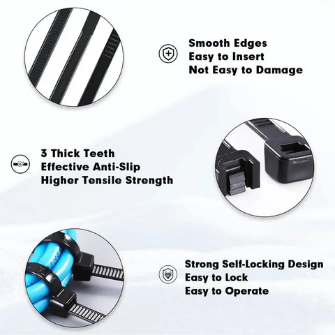 Close-up of Heavy Duty Self Locking Nylon Zip Ties 1500 Piece Set 12 Inch Long Black Cable Ties with Fifty Pound Tensile Strength.