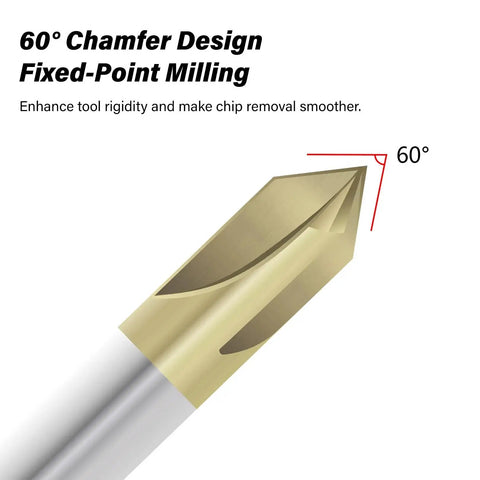 Close-up of Carbide Chamfer End Mill 60 Degree One Quarter Inch Shank V Groove CNC Carving Bits Four Flutes ZrN Coated Milling Cutter For Alloy Steels And Hardened Steels Durable Beast Milling Tool showing 60 degree angle.