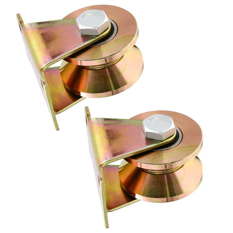 Beefy Heavy Duty Steel Pulley Block With V Type Groove Wheel Sliding Gate Roller For Rail Door Track Two Pack Sliding Gate Pulley Blocks For Industrial And Home Use, shown as a 2-pack.