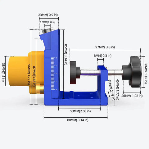 Pocket Hole Drill Guide Kit For Woodworking With Dust Collection Easy To Use Pocket Hole Jig side view with dual scales.