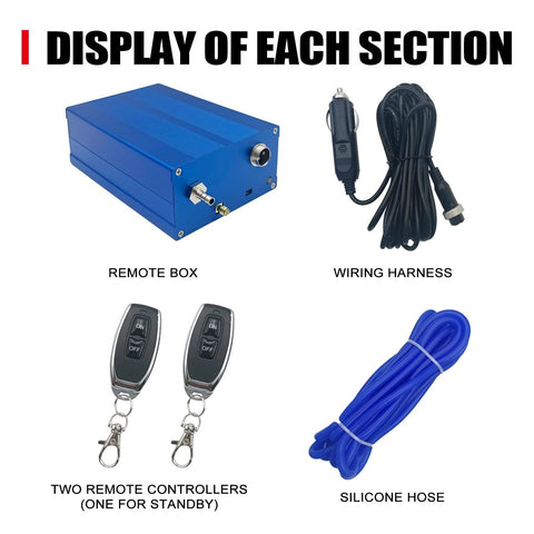 Exhaust valve controller kit components: blue remote box, wiring harness, two remotes, silicone hose