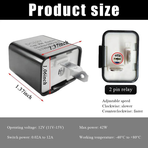 Dimensions of 12V Adjustable LED Flasher Relay For Cars And Motorcycles, 2 Pin Hyper Flash Fix for Turn Signals, Black.