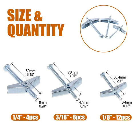 Toggle Bolt And Wing Nut Assortment Kit For Drywall Hanging Heavy Items One Eighth Inch Three Sixteenth Inch One Quarter Inch Twenty Four Pieces Zinc Plated Steel For Strong Rust Resistant Fastening In Homes And Workshops size chart