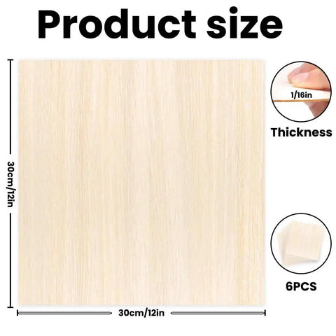 Six Pack Basswood Sheets For Crafts, 12 By 12 Inch, One Sixteenth Inch Thick Unfinished Wood Squares, Ideal For Architectural Models, Laser Cutting, Wood Burning And Drawing, Durable Balsa Plywood Sheets For DIYers, showing product size and thickness