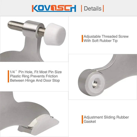 Close-up details of 2 Pack Hinge Pin Door Stopper Brushed Satin Nickel Adjustable Heavy Duty showing threaded screw and rubber tip.