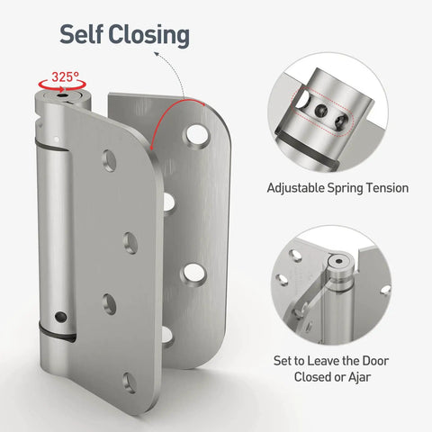 Self Closing 4 Inch Door Hinges With Spring Loaded Adjustable Tension for Front And Back Garage Doors Brushed Nickel UL Listed