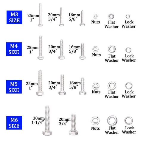 665 Piece Stainless Steel Flat Hex Head Screws Bolts Nuts Flat Gasket Spring Washers Set M3 M4 M5 M6 304 Rust Resistant