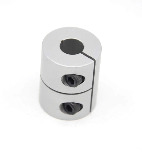 Two-piece aluminum shaft coupling, 25mm long, 20mm dia, grub-screw clamps for 5–8 mm shafts.