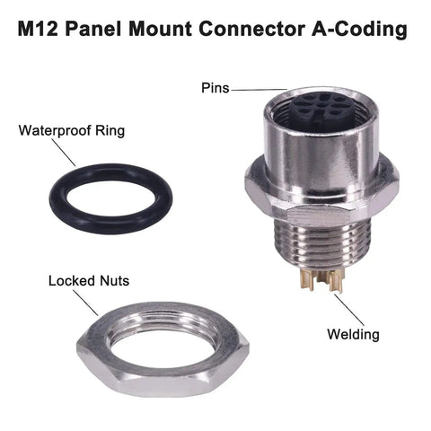 M12 4 Pin A Coded Female Straight IP67 Waterproof Rear Bulkhead Panel Receptacles with components and labels