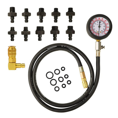 Oil Pressure Tester Tool Kit With Dual Display Gauge 0 To 140 PSI For Cars And Trucks Includes 10 Adapters and hose