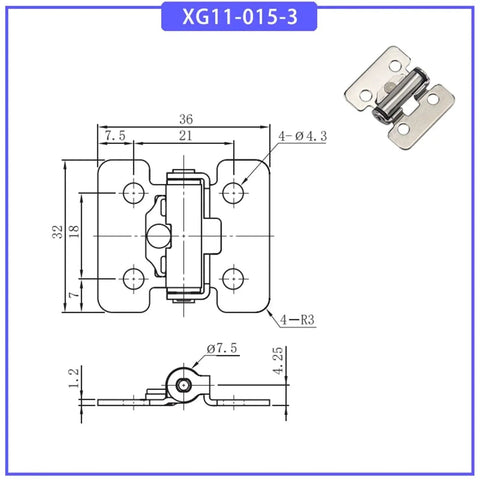 Front and side view of shaped stainless steel damping hinge XG11-015-3 with adjustable torque.