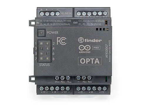 Front view of Pro Opta EXT Analog Expansion Module for Micro PLC with 6 programmable inputs, 2 outputs, 4 PWM channels, plug-and-play