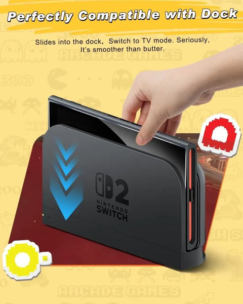 Nintendo Switch 2 being inserted into the dock, demonstrating compatibility and ease of use in TV mode.