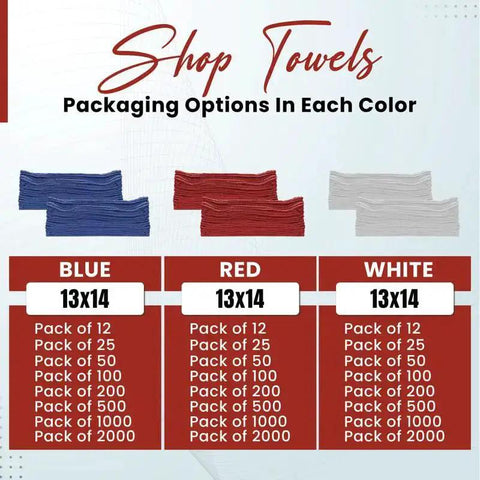 Auto Mechanic Shop Towels 13 By 14 Inches 12 Pack Red 100 Percent Cotton Commercial Grade Rags packaging options in blue, red, white