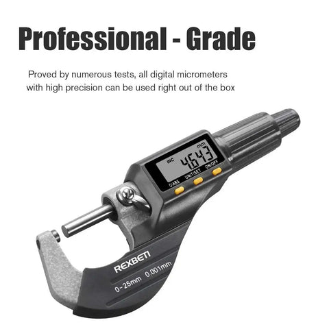 Digital Micrometer For Inch And Metric Measurements With 0 To 1 Inch Range And 0.00005 Inch Or 0.001 mm Resolution shown on LCD display