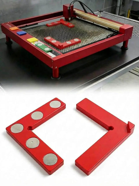 Five-Magnet Laser Honeycomb Bed Alignment Tool With Easy Lift Tab Rock-Solid Neodymium Magnetic Grip shown on laser bed
