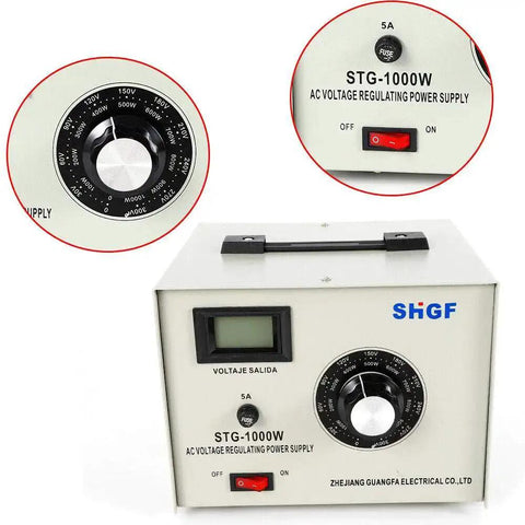 1000W Variac Variable Transformer 0-300V Single Phase Autotransformer For Electronic Manufacturing And Motor Speed Control Durable Iron Case Adjustable Voltage Regulator For Lab Workshop And Pro Projects with dial and switch displayed.