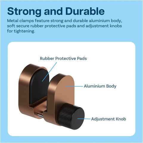 Close-up of adjustable aluminum clip with rubber pads and adjustment knob for LCD screen repair in bronze finish.