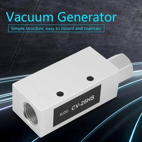 Vacuum generator CV-25HS; white rectangular unit with left threaded inlet and two top mounting holes