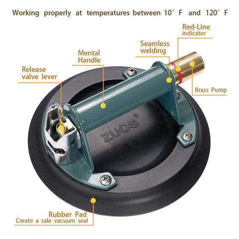 8 Inch Glass Vacuum Suction Cup With Metal Handle And Brass Pump, built tough for heavy duty lifting, shown with features labeled