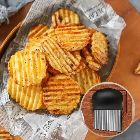 Crinkle Cutter Knife, Upgraded Stainless Steel Crinkle Knife For Safe Kitchen Use next to a basket of crinkle-cut fries.