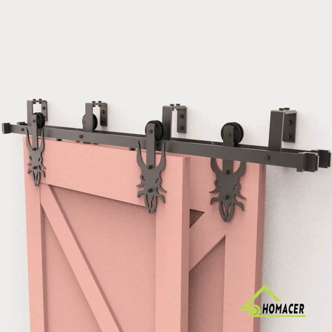 Black Rustic Double Track U Shape Bypass Sliding Barn Door Hardware Kit For Two Doors 4.5ft Flat Track With Imperial Style Rollers