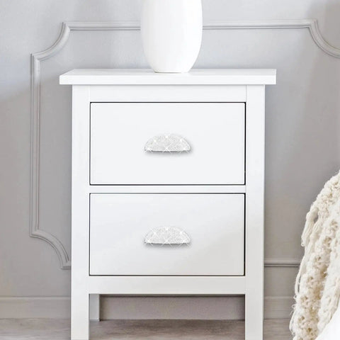 White dresser with 2 Piece Bling Crystal Drawer Pulls Flat Cup Handles Zinc Alloy With Rhinestones for elegant sparkle decor.