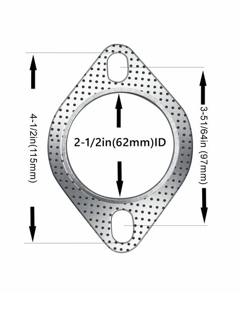 Exhaust gasket for 2.5 inch muffler flange, two-bolt design, perforated metal, 62mm inner diameter.