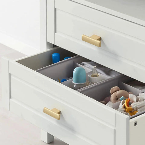 Ten Pack Brushed Gold Cabinet Knobs 2 Inch 50mm Single Hole Pulls For Kitchen Cabinets And Drawer Fronts ZH0026 installed on white drawers