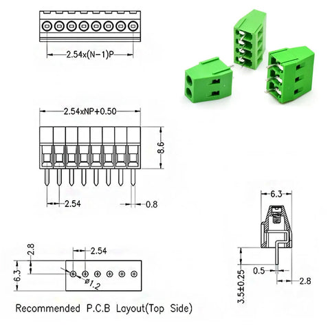 Diagram and image of 2.54mm Pitch Screw Terminal Block Kit, Plug-And-Play 2P/3P/4P PCB Mount, Flame-Retardant PA66 Housing, Arduino Compatible