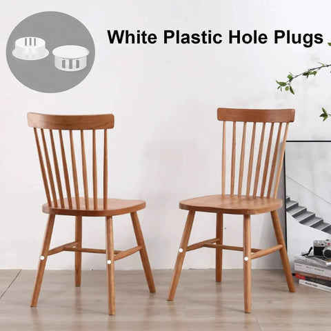 190 Pcs Nylon Plastic Hole Plugs Set Nine Sizes From One Fifth Inch To One Inch installed on wooden chairs as screw covers.