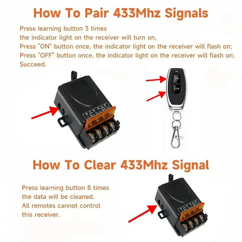 Instructions to pair and clear signals for Beefy Heavy Duty Wireless Remote Control Switch Kit With 30A Relay For DC 12V 24V 48V And 72V