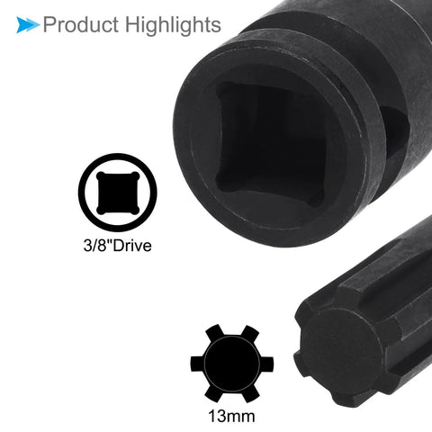 Close-up of Impact Hex Bit Socket 13mm, 60mm Long, Three Eighths Inch Drive, Chrome Molybdenum Steel One Piece Construction details