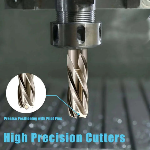 Six Piece Annular Cutter Set For Magnetic Drill Press With M2 High Speed Steel Bits Pro Grade Quality Offering One Inch Cutting Depth And Diameters From Seven Sixteenths Inch To One And One Sixteenth Inch Includes Two Pilot Pins And One Hex Wrench, showing a cutter in a drill press.
