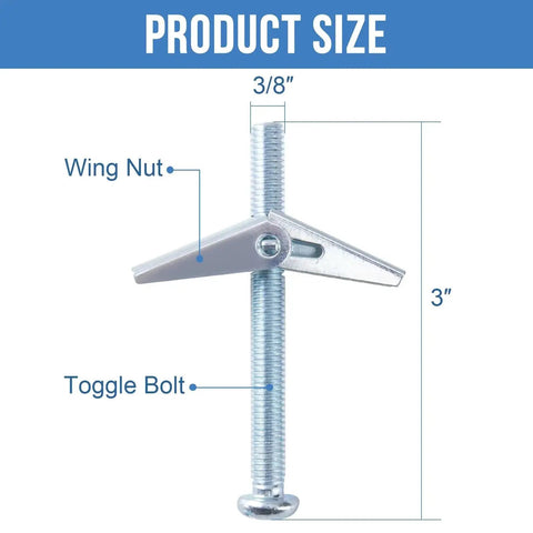 Three Eighths Inch Toggle Bolts Set Of Twelve Heavy Duty Drywall Anchors For Hollow Walls And Ceilings Metal Butterfly Anchors In Zinc Plated Carbon Steel Rust Resistant Easy To Install And Durable showing product size with wing nut and 3/8 x 3 inch dimensions.