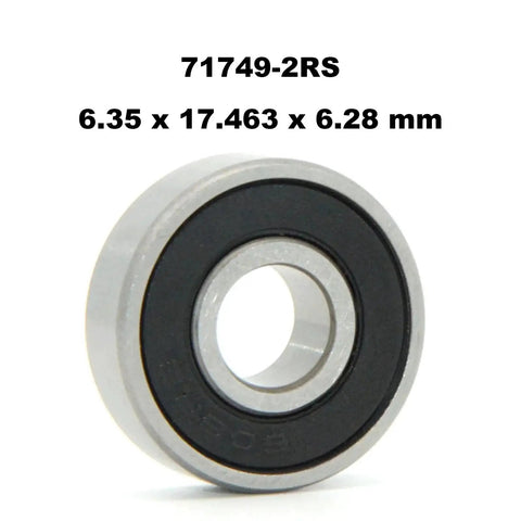 Close-up of a sealed deep groove bearing, size 6.35x17.463x6.28 mm, labeled 71749-2RS for vacuum motors.