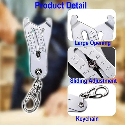 2025 Upgraded Dual Scale Bolt Size Finder Keychain with SAE and Metric Laser Etched Gauges, showing details and keychain.