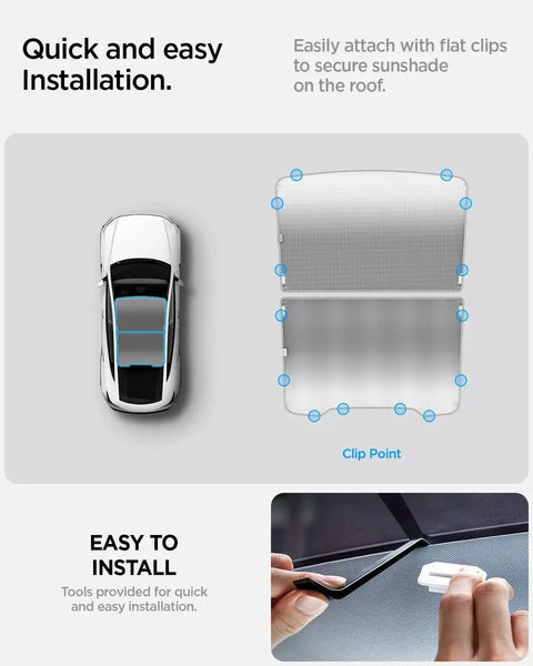 Double Layered CryoShade Roof Sunshade For Tesla Model Y Juniper 2025 2026 with installation clips and overview diagram