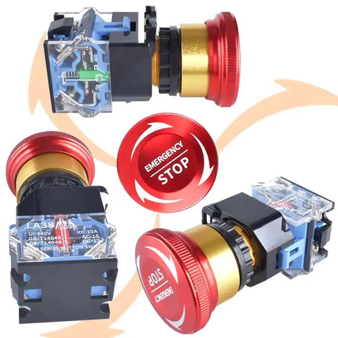 22mm Emergency Stop Button Switch 10A 1NO 1NC Latching Push Button Shut Off 440V Aluminum Alloy E Stop Safety Switch
