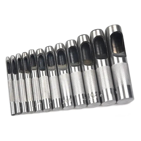 12 Piece Leather Hole Punch Set With Free Cutting Mat, Hollow Punch Kit For Soft Materials, 12 punch sizes lined up.