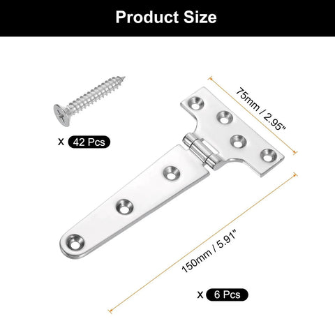 Image showing dimensions and components of Six Pack Marine Grade T Hinges Heavy Duty T Hinge 6x3 Inch Stainless Steel, with screws