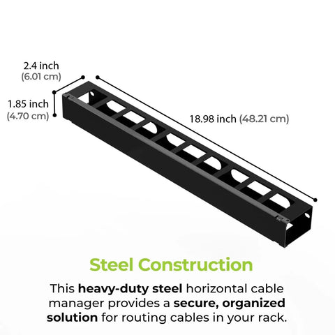 1U 19 Inch Horizontal Cable Management Duct With Removable Cover, heavy duty metal finger duct for server racks, steel construction
