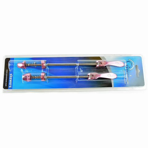 Racer Quick Release Wheel Skewer Set For Road And MTB Pink Stainless Alloy Axles With Rustproof Delrin Cam Washers Packaged
