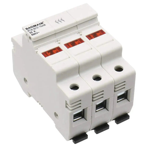 3 Pole Cylindrical Fuse Holder With LED Indicator For 10 X 38 mm Fuses, 32 Amp 690 VAC, 35mm DIN Rail Mount, Supports 18 AWG To 8 AWG