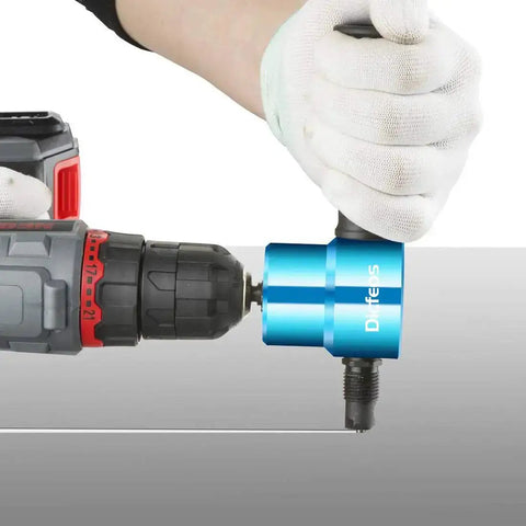 Using Double Head Metal Sheet Nibbler Cutter For Drill Circle Cutting Kit on sheet metal with a drill, close-up of the tool in action.