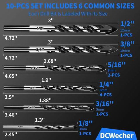 Diagram of Heavy Duty Masonry Drill Bit Set for Concrete and Brick With Carbide Tips, 10-Piece, showing sizes from 1/8" to 1/2".