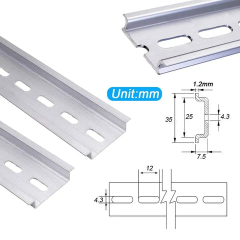 Aluminum DIN Rails 3-Piece Set, 4 Inches Long, 35mm Wide, 7.5mm High RoHS Certified with dimensions and technical drawings visible