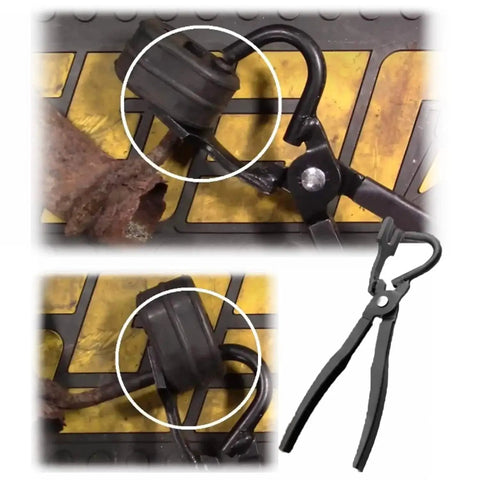 Exhaust Hanger Removal Tool And Rubber Bracket Pliers For All Vehicles shown in use removing a rubber exhaust hanger