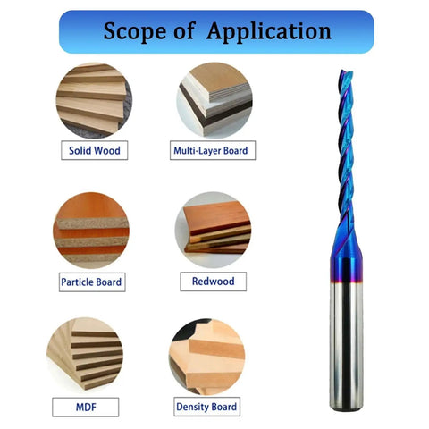 Three Flute CNC Router Bit With One Eighth Inch Cutting Diameter And One Quarter Inch Shank Solid Carbide End Mill With Nano Blue Coating